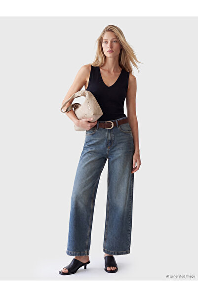 LC Waikiki LCW Jeans İndigo Beli Kemerli Culotte Fit Kadın Jean Pantolon