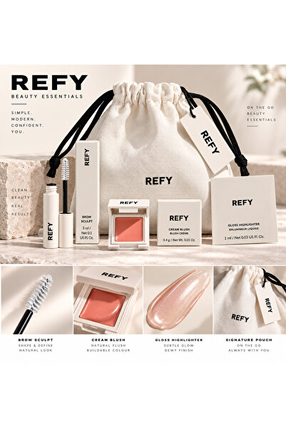 REFY مجموعة مكياج ميني 4 قطع – Brow Sculpt شفاف 3 مل + Cream Blush 0.4 جم + Gloss Highlighter 1 مل + حقيبة قطنية