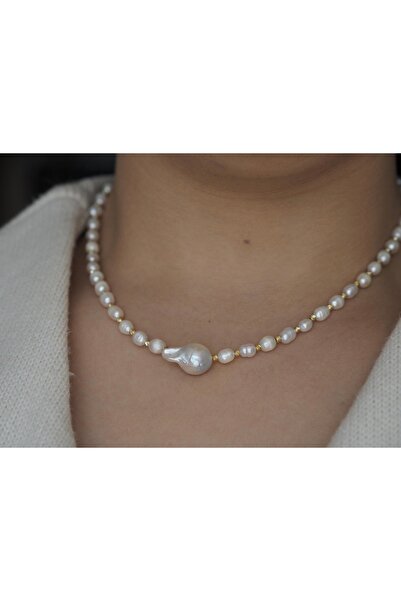 Taşmir Ortasında Barok İnci Bulunan Sertifikalı Tatlı Su İncisi Choker Kolye,...