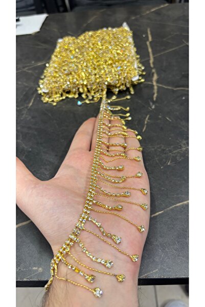 Kristal Taşlı Gold Saçak Şerit 1 Metre | Sallantılı Taşlı Gelinlik Abiye Dikim Aksesuarı | Dekoratif Şerit