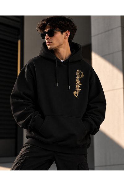 EURO CODE Ejderha ve Kılıç Baskılı Oversize Hoodie