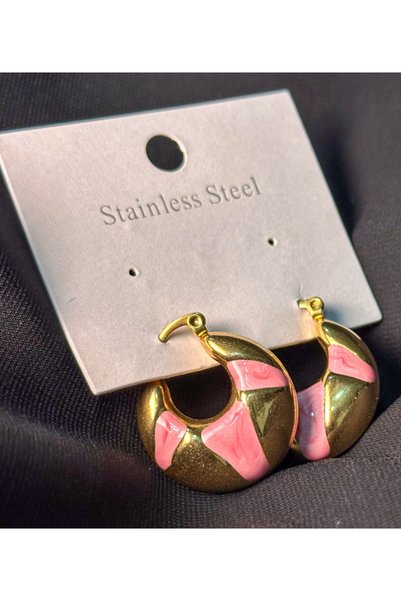 Gold premium çelik pembe mineli dolgu halka küpe