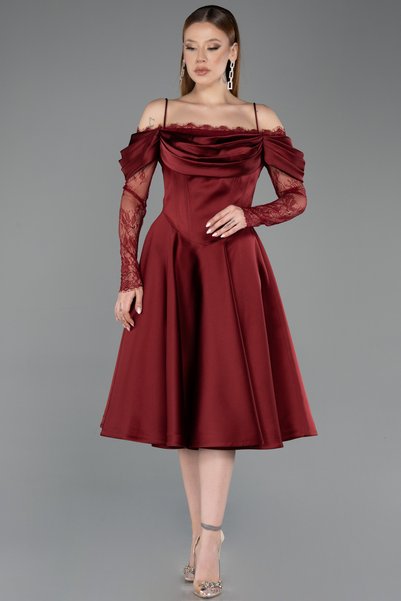 Abiyefon Bordo Dantelli Uzun Kol Midi Saten Davet Elbisesi ABK2552