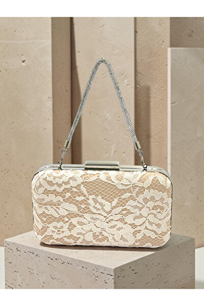 Biçanta Beige Color Z.A.R.A Satin over Lace Embroidered Silver Detailed Chain Strap Women's Evening Dress Bag Wedding Engagement Graduation