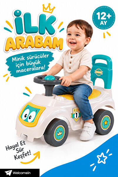 welcomein Bingit Araba Çocuk Yürüme Arabası Korna Sesli Koltuk Altı Bagajlı E...