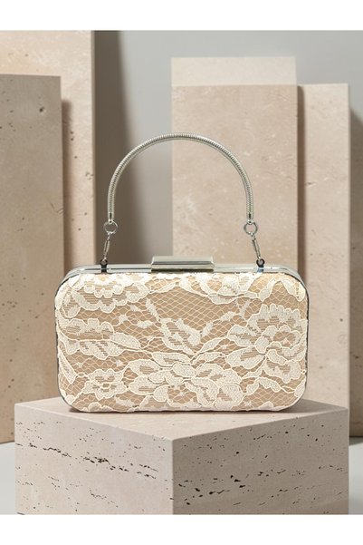 Biçanta Beige Color Z.A.R.A Satin over Lace Embroidered Silver Detailed Chain Strap Women's Evening Dress Bag Wedding Engagement Graduation
