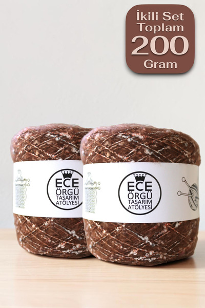 Ece Örgü Tasarım Atölyesi Koyu karamel - ekru angora buklet örgü ipi seti (to...