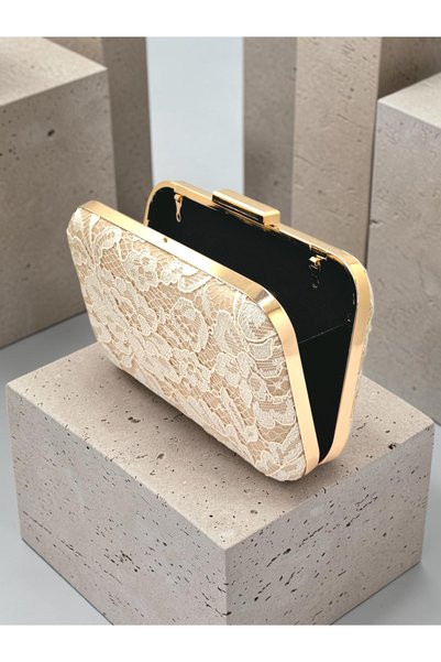 Biçanta Beige Color Z.A.R.A Satin Lace Embroidered Gold Metal Detailed Pearl Handle Chain Strap Women's Evening Dress Bag Wedding Engagement Graduation