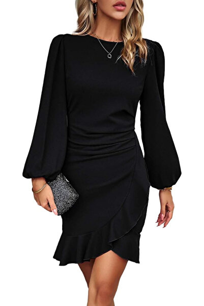 OEM Rochie de cocktail neagră pentru femei, croială în A, asimetrică, cu tali...