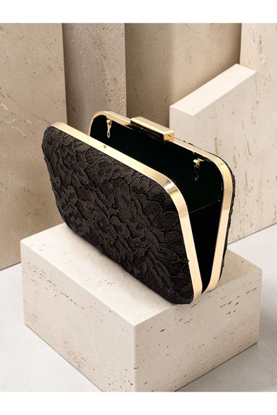 Biçanta Brown Z.A.R.A Satin Lace Embroidered Gold Detailed Chain Strap Women's Evening Dress Bag Wedding Engagement Graduation