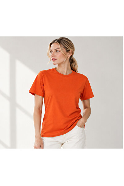 Kadın Bisiklet Yaka Kısa Kollu Basic T-Shirt Turuncu
