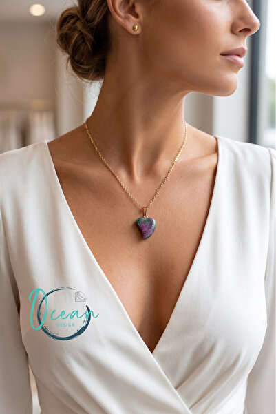 OceanDesign Zoisit Natural Stone Heart Pendant Anti-Tarnish Steel Women's Nec...