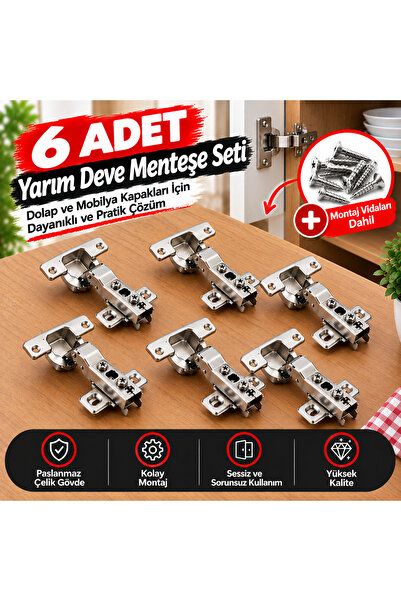 YB Home 6 Adet Yarım Deve Boynu Menteşe 35 mm – Dolap ve Mobilya Menteşesi – ...