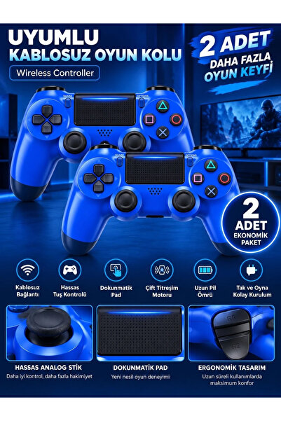 VEROXA Ps4 Uyumlu 2’li Kablosuz Oyun Kolu Dual Titreşimli Dokunmatik Pad Pc U...