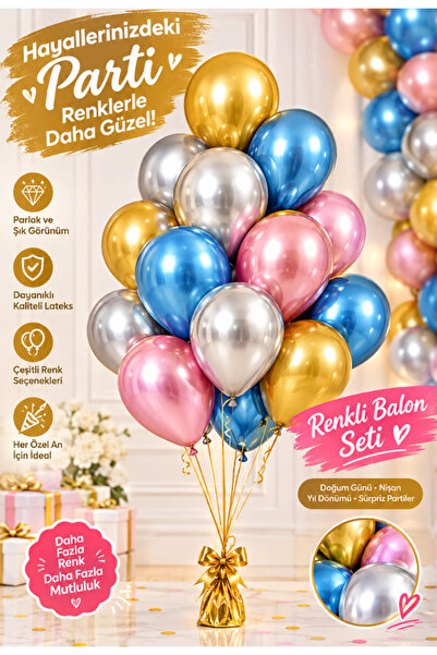 mucit home Karışık 12’li Metalik Balon Seti – 12 İnç Parlak Krom Balon, Doğum Günü ve Parti Süsleme – Mavi, Pembe, Gold, Gümüş