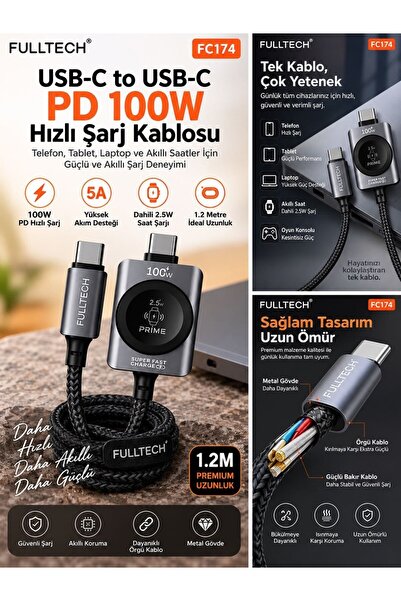 VEROXA Fulltech FC174 Usb-C To Usb-C 5A Pd 100W Hızlı Şarj Kablosu 1.2 Metre ...