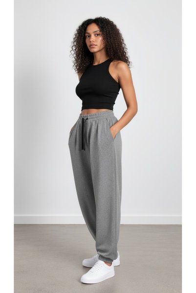 Semra Aras Women's Gray Elastic Waist Pleated Comfortable Cut Pants with Elastic Cuffs