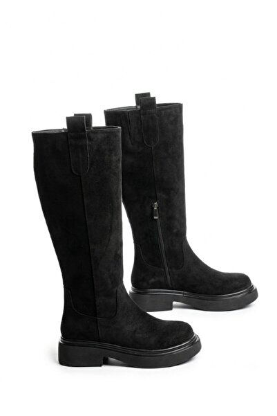ÜNAL ÖZER Women's Black Suede Thick Sole Round Toe Boots Un001-0903
