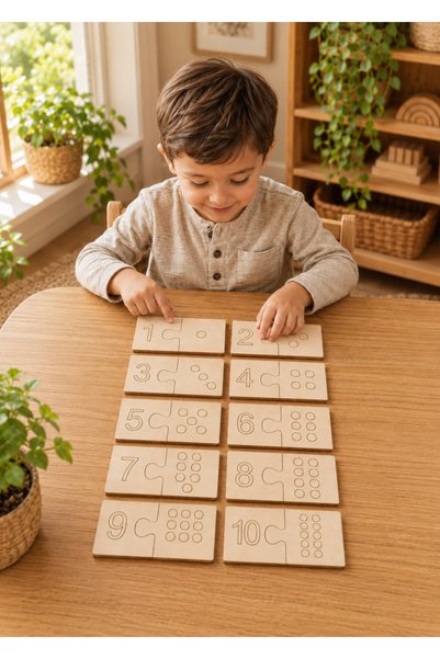 OYART&DESIGN Ahşap Sayı Eşleştirme Puzzle 1-10 Rakam ve Nokta Öğrenme Eğitici...