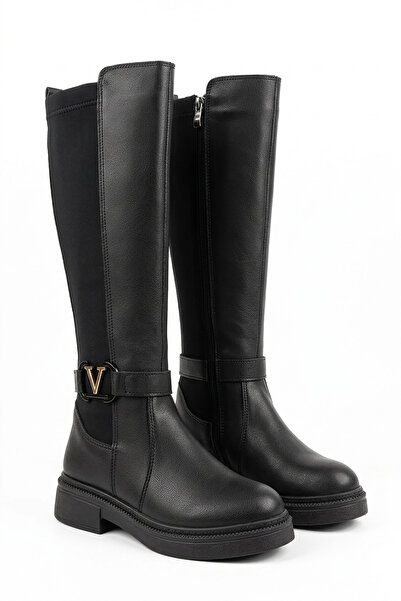 Moda Pie Kunlas V Buckle Back Strech Flat Sole Γυναικείες Μπότες Μαύρο Δέρμα