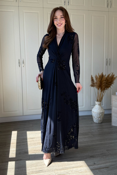 Dilay Gökoğlu Butik Double-Breasted Collar Patterned Glittery Maxi Tulle Dress
