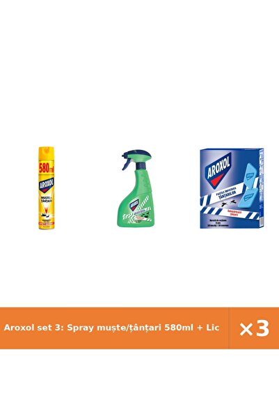 Aroxol set 3: Spray muște/țânțari 580ml + Lichid instant + Pastile țânțari 30...