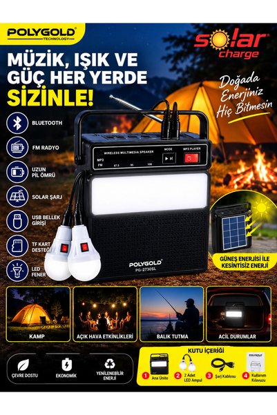 VEROXA PG-2730SL Solar Enerjili Bluetooth Hoparlör LED Kamp Lambası Fm Radyo USB Tf Kart