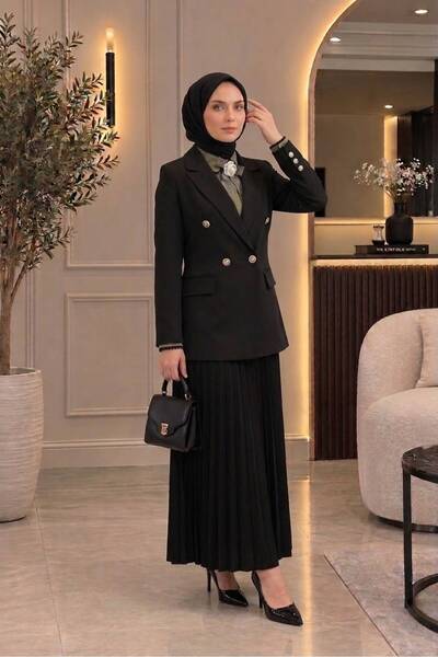 ATABEY MODA EFZ GİYİM Kadın Ceket Pliseli Etek Ve Gömlek Üçlü Takım