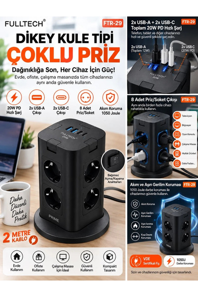 VEROXA Fulltech Ftr-29 20W Pd Dikey Çoklu Priz – 2xusb-A + 2xusb-C + 8’li Sok...