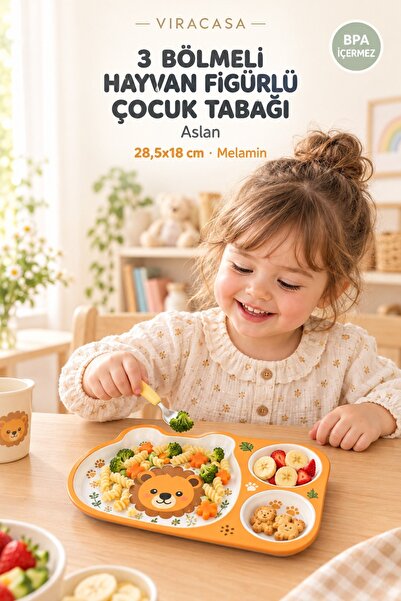 viracasa Hayvan Figürlü 3 Bölmeli Çocuk Tabağı Melamin Mama Beslenme Tabağı B...