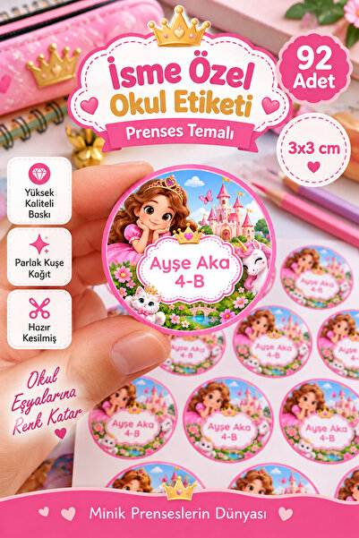 İsme Özel Prenses Tasarımı Okul Etiketi Yuvarlak 3x3cm Yüksek Kaliteli