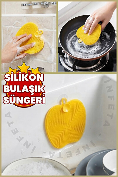 İnfeta Elma Silicone Dish Sponge Ultra Thick Double-Sided Non-Consumable Yell...