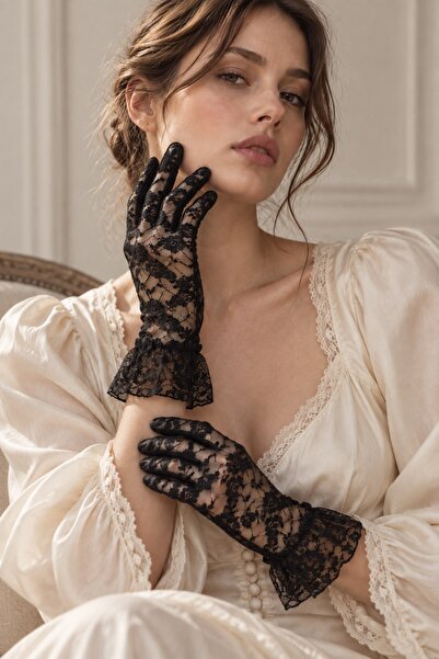 Külah Black Floral Lace Ruffle Gloves - Evening Dress, Event, Gothic, Halloween