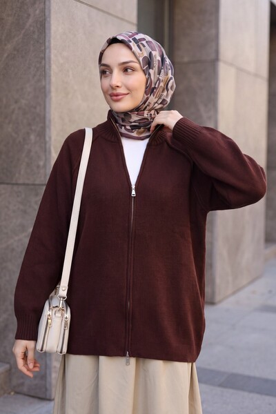 HİJABAYA Half-Zip, Long-Sleeved, Oversized Hijab Knitwear Cardigan with Stitc...