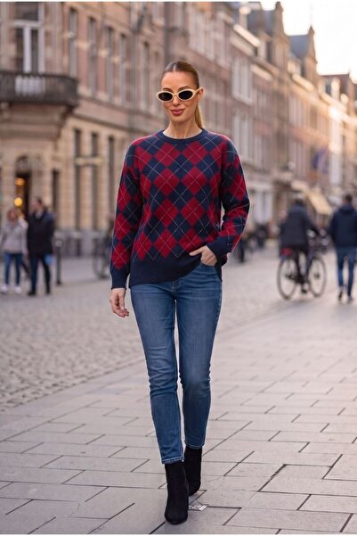 AYASOFYA OTANTIK Women's Round Neck Diamond Patterned 100% Acrylic Knitwear B...