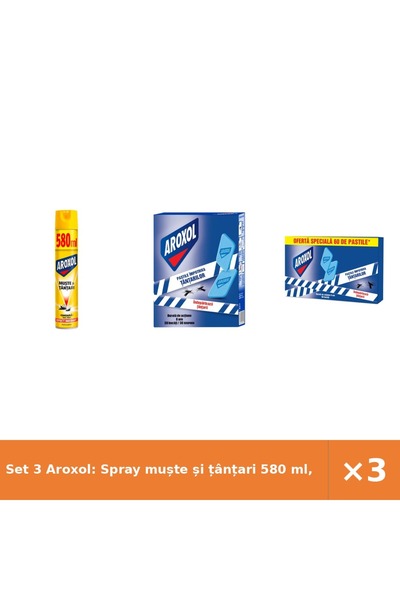 Aroxol Set 3 Aroxol: Spray muște și țânțari 580 ml, Pastile aparat 30 buc, Pa...