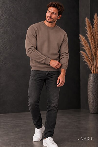 LAVOS Erkek Kahverengi 3 İplik Bisiklet Yaka Sweatshirt Regular Fit Yumuşak D...