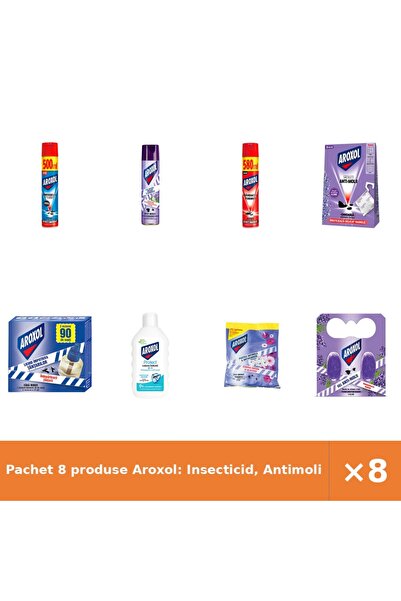 Aroxol Pachet 8 produse Aroxol: Insecticid, Antimolii, Spray furnici, Săculeț...