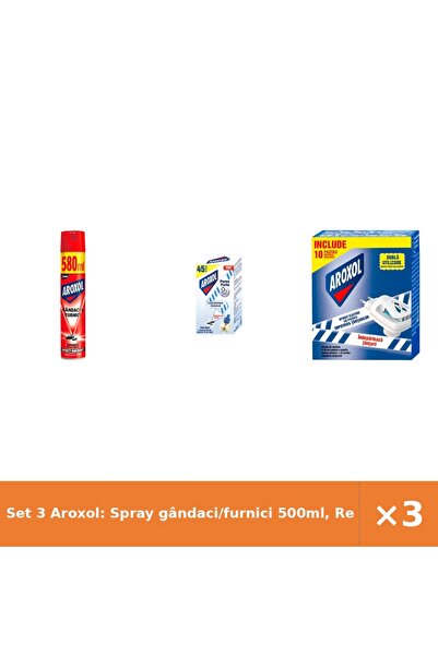 Aroxol Set 3 Aroxol: Spray gândaci/furnici 500ml, Rezervă țânțari 1buc, Apara...