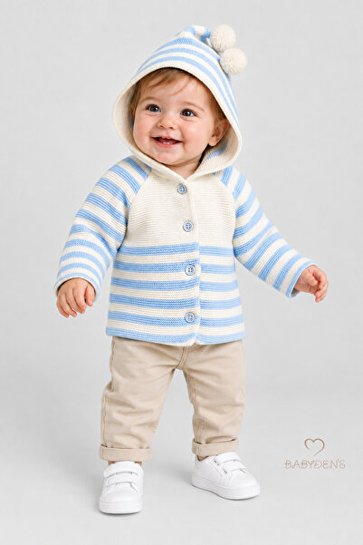 BABYDEN'S Hooded Pompom Knitted Baby Cardigan Buttoned Patterned Knitwear Jac...