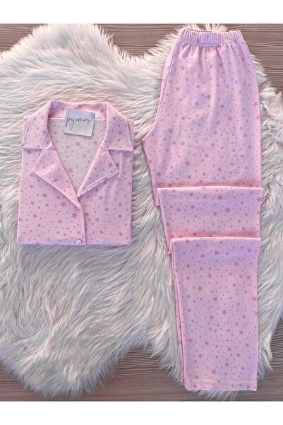 Pijamacs Pembe Yıldız Desenli Süet Gömlek Yaka Uzun Kol Pijama Takımı