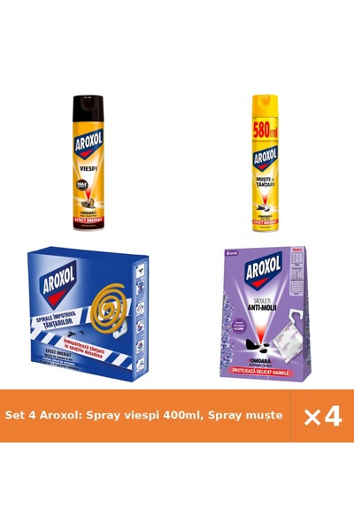 Aroxol Set 4 Aroxol: Spray viespi 400ml, Spray muște țânțari 580ml, Spirale 1...
