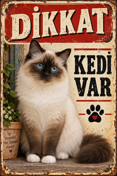 Lucena Burmese Birman Cat Caution Cat Is Present Retro Metal Wall Sign 15X20Cm