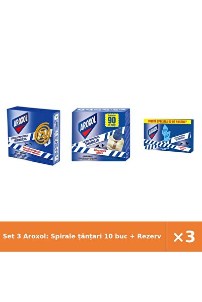 Aroxol Set 3 Aroxol: Spirale țânțari 10 buc + Rezervă lichidă 2x45 ml + Pasti...