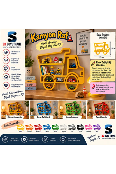Kamyon Çocuk Odası Rafı | 3D Baskı Masa Üstü ve Duvar Rafı | Oyuncak Araba ve Figür Sergileme Rafı