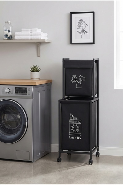 miyuhome Tekerlekli Metal 2 Katlı Baskılı Çamaşır Sepeti 75+25 LT Kirli Sepet...