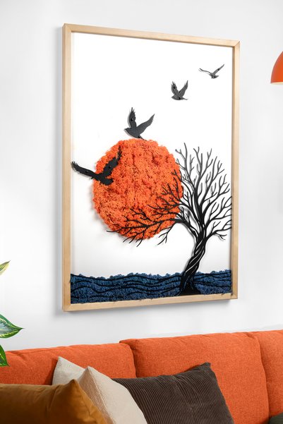 DEKORENZO Metal Duvar Tablosu Güneş ve Ağaç Manzaralı Yosunlu 50x70 cm