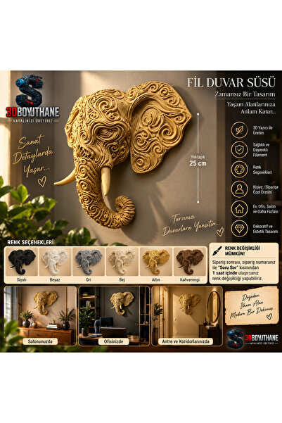Dekoratif Fil Duvar Süsü | 3D Baskı Fil Duvar Dekoru | Modern Salon Ofis Ev Dekorasyonu