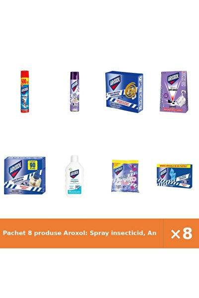 Aroxol Pachet 8 produse Aroxol: Spray insecticid, Antimolii, Spirale, Rezerve...