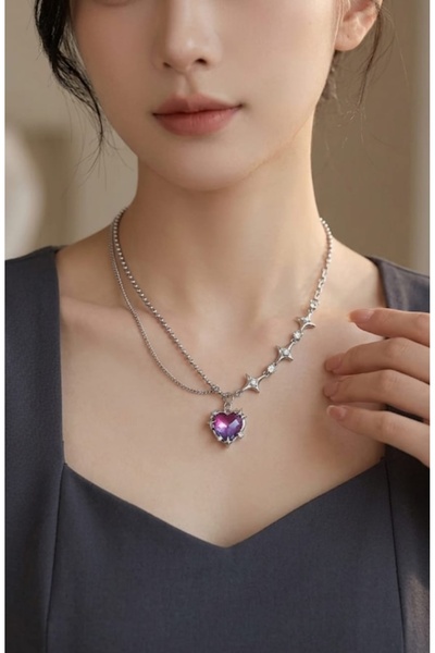 Lunarie Purple Heart Star Detailed Silver Color Steel Necklace – Xuping Non-T...